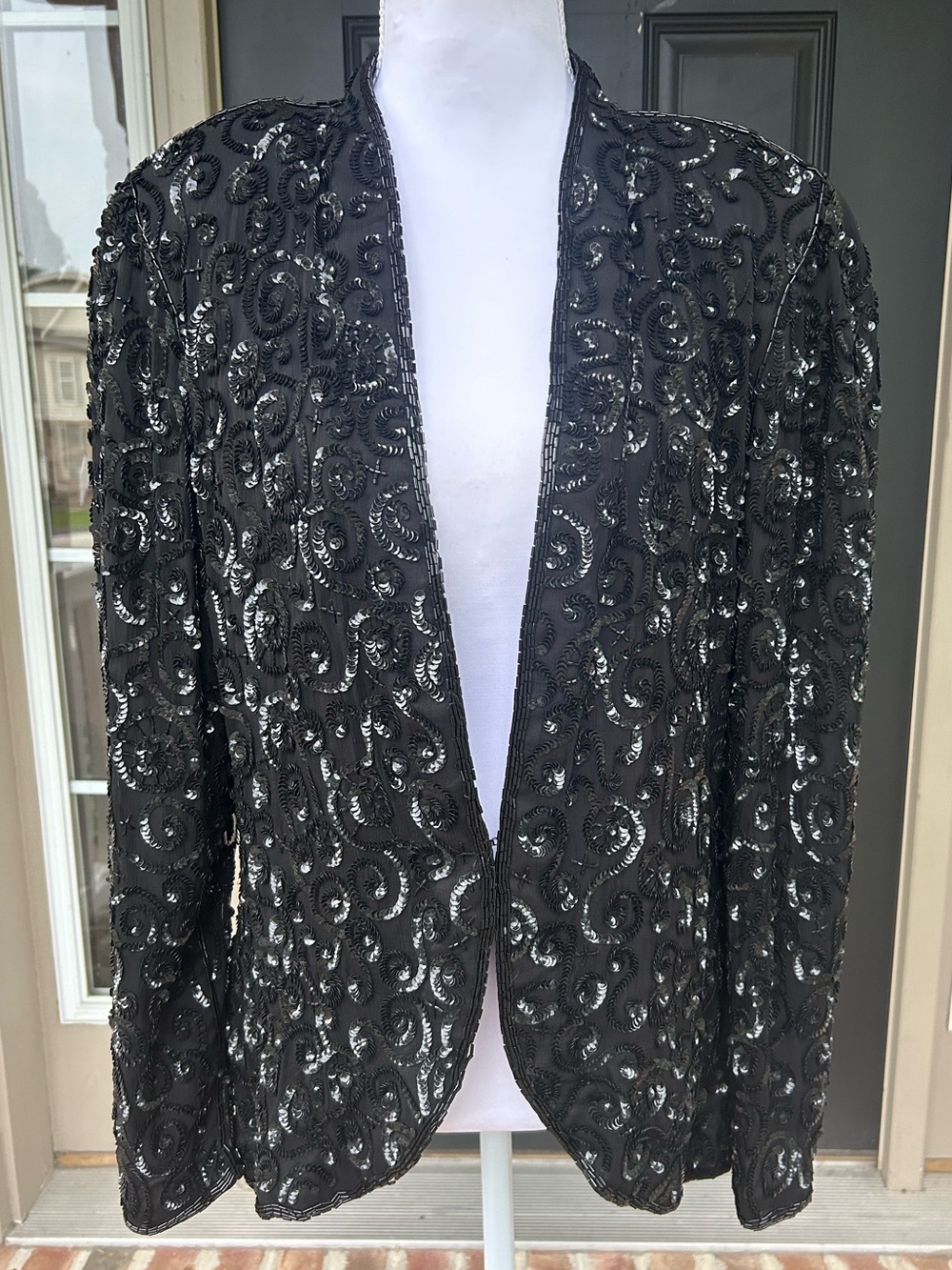 Vintage 80s 90s Nite Line Black Silk Sequin Jacket shoulder pads maximalism L